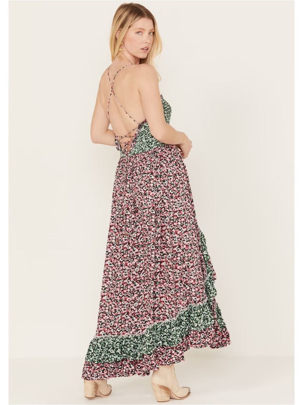 Free People Pink and Green Floral Backless Maxi Dress